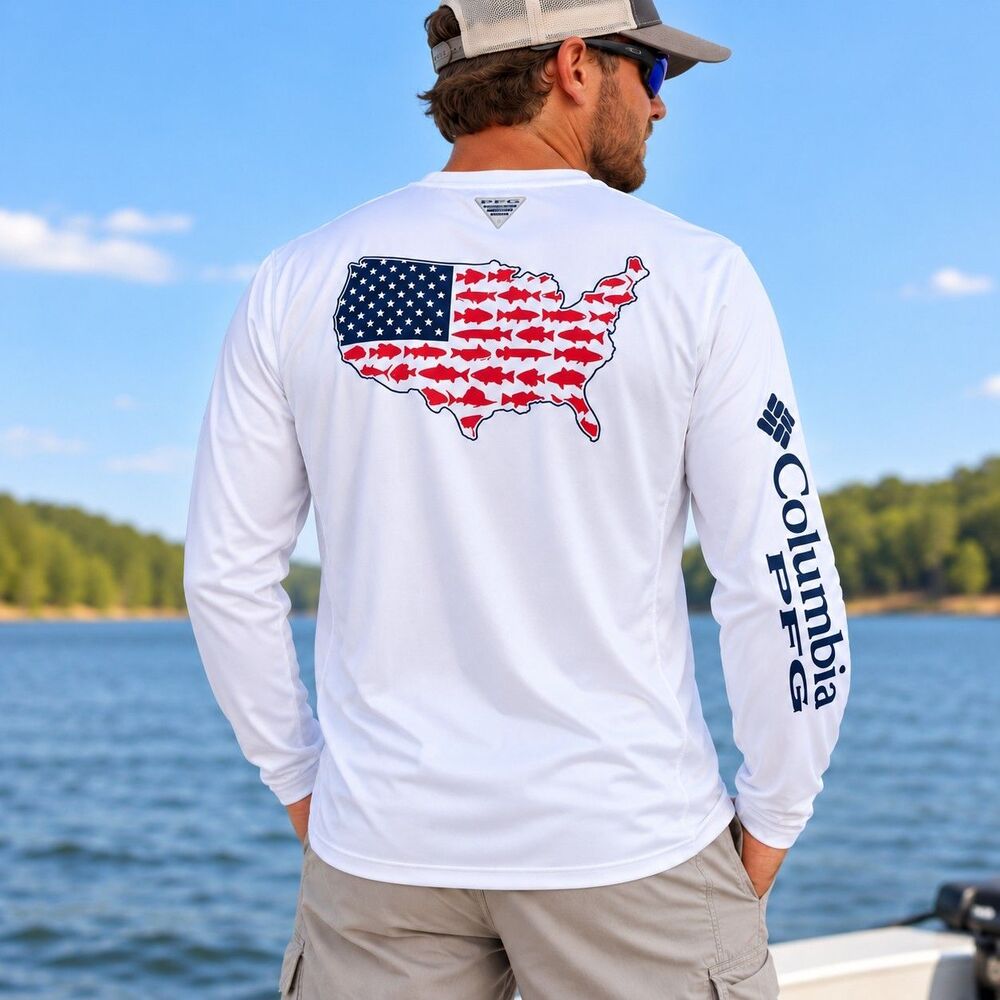 Columbia PFG Mens Large Omni-Shade Fishing Shirt USA Flag Fish Long Sleeve White